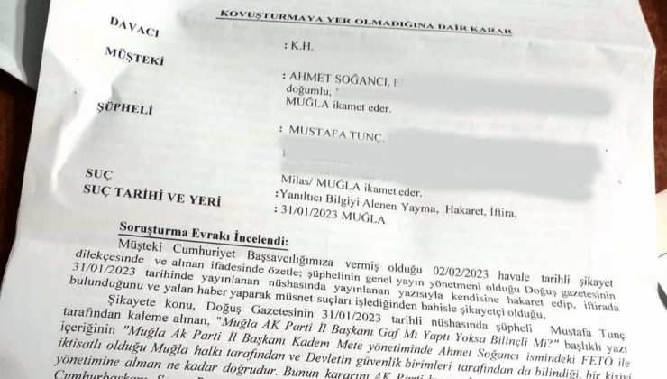 Kovuşturmaya yer olmadığına dair karar verildi